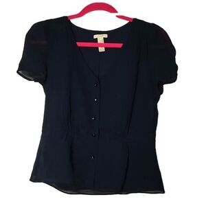 J Crew Short Sleeve Navy Blue Button Down V Neck Top Size 2P